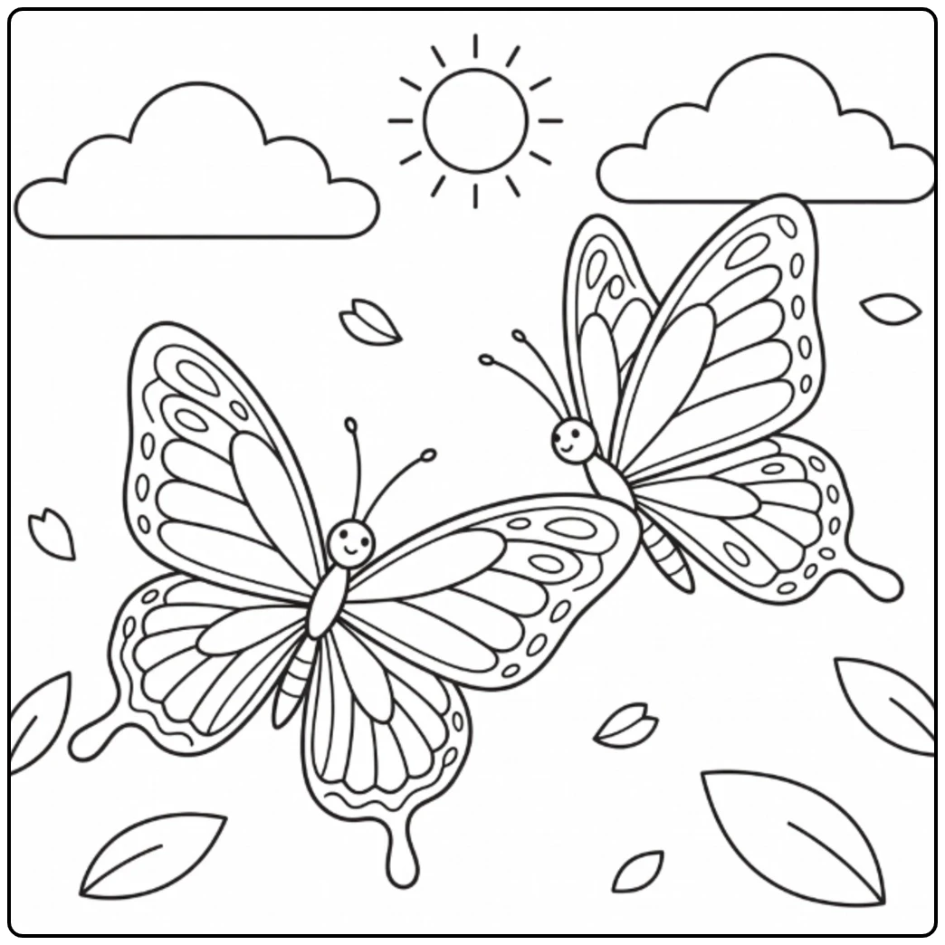 Two butterflies crossing a sunny sky with clouds and drifting leaves