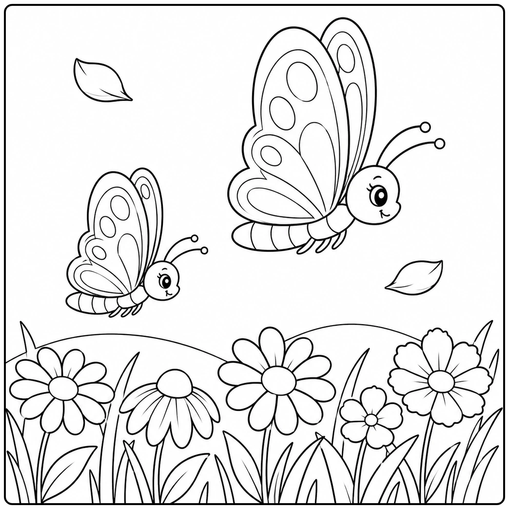Two smiling butterflies fly above a spring meadow filled with flowers and drifting leaves