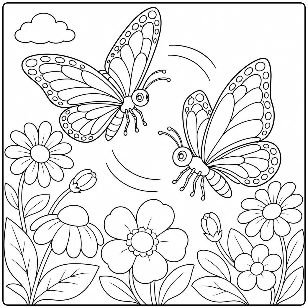 Two butterflies circle above garden flowers with a small cloud floating near the top.