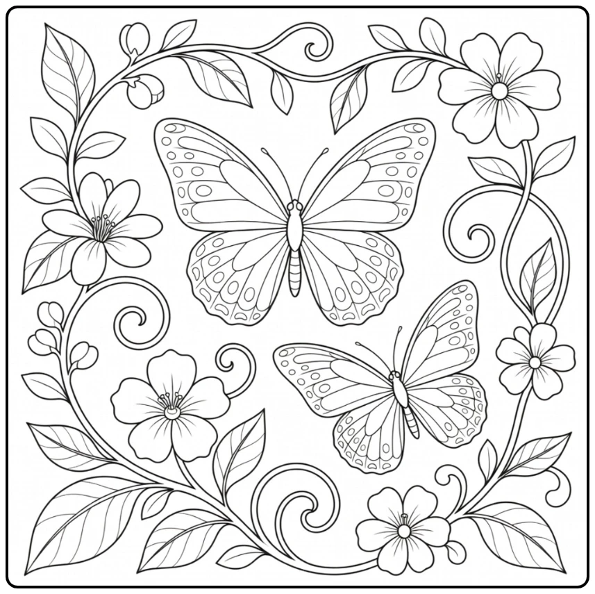 Two patterned butterflies surrounded by curling vines, blossoms, buds, and leafy branches