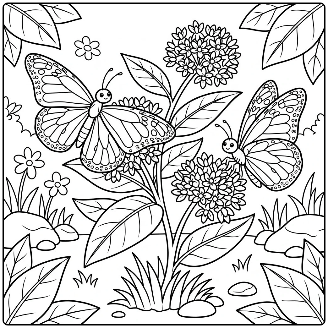 Two butterflies visit clustered milkweed flowers in a leafy garden with rocks and grasses.
