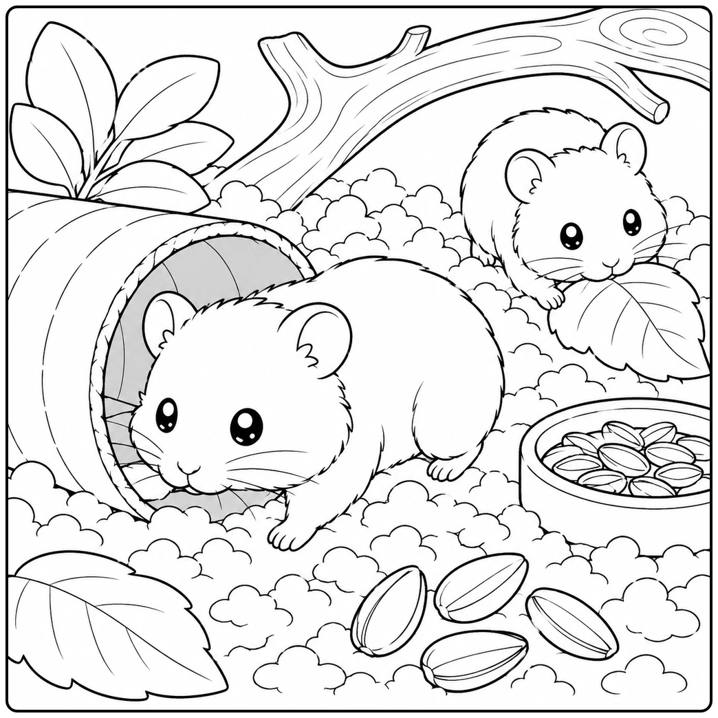 Two hamsters exploring near a fabric tunnel, seed bowl, broad leaves, and a curved wooden branch