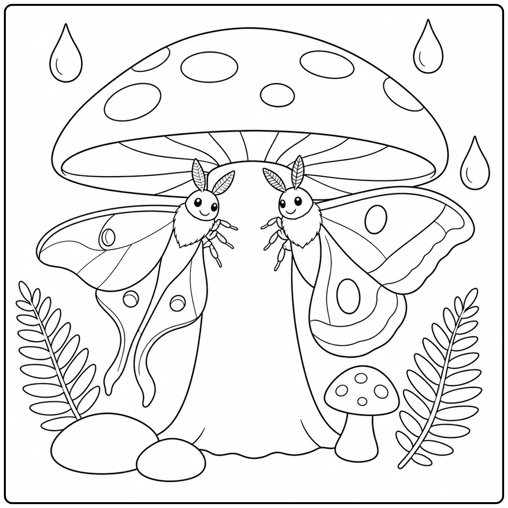Two friendly moths shelter under a large mushroom while raindrops fall around them.