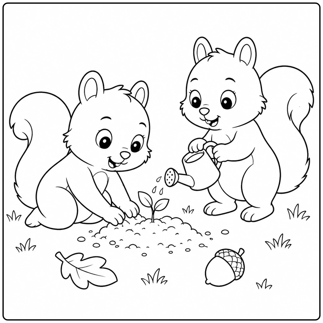 Two squirrel gardeners water a small sprout in this Cute & Easy Squirrel Coloring Page