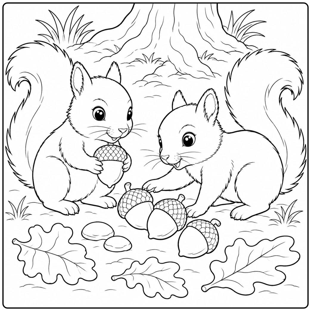 Two squirrels gather acorns together beneath a tree in a detailed squirrel coloring page