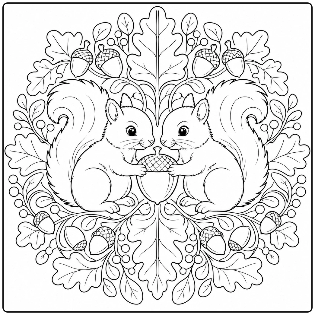 Mirrored squirrels share a central acorn within a symmetrical oak leaf mandala