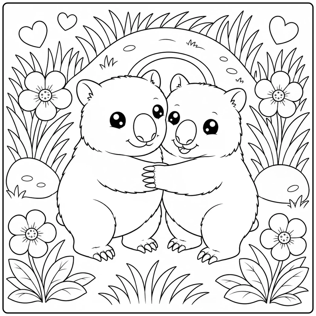 Two happy wombats hug in a garden with flowers, hearts, and a rounded burrow behind