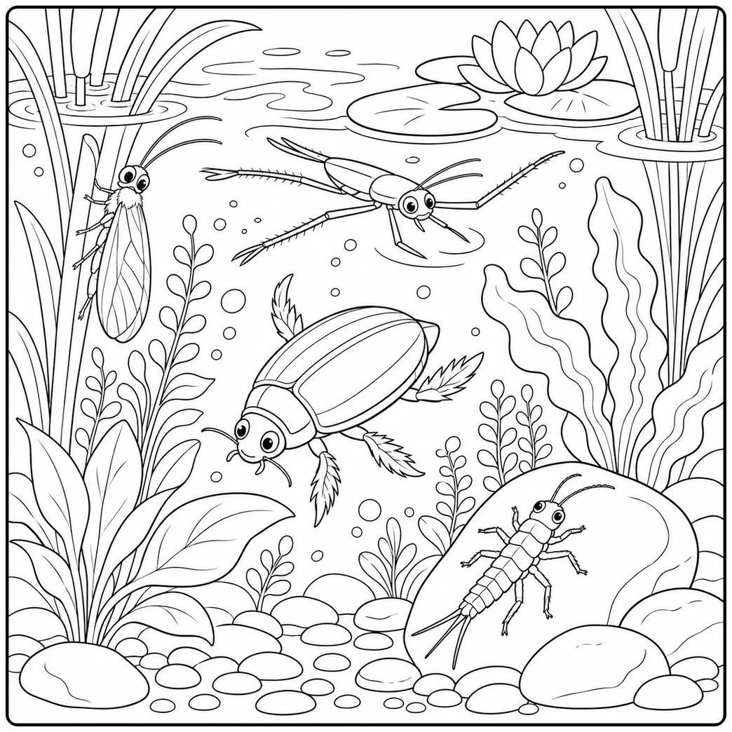 Underwater diving beetle swims among pond plants with smaller aquatic insects nearby