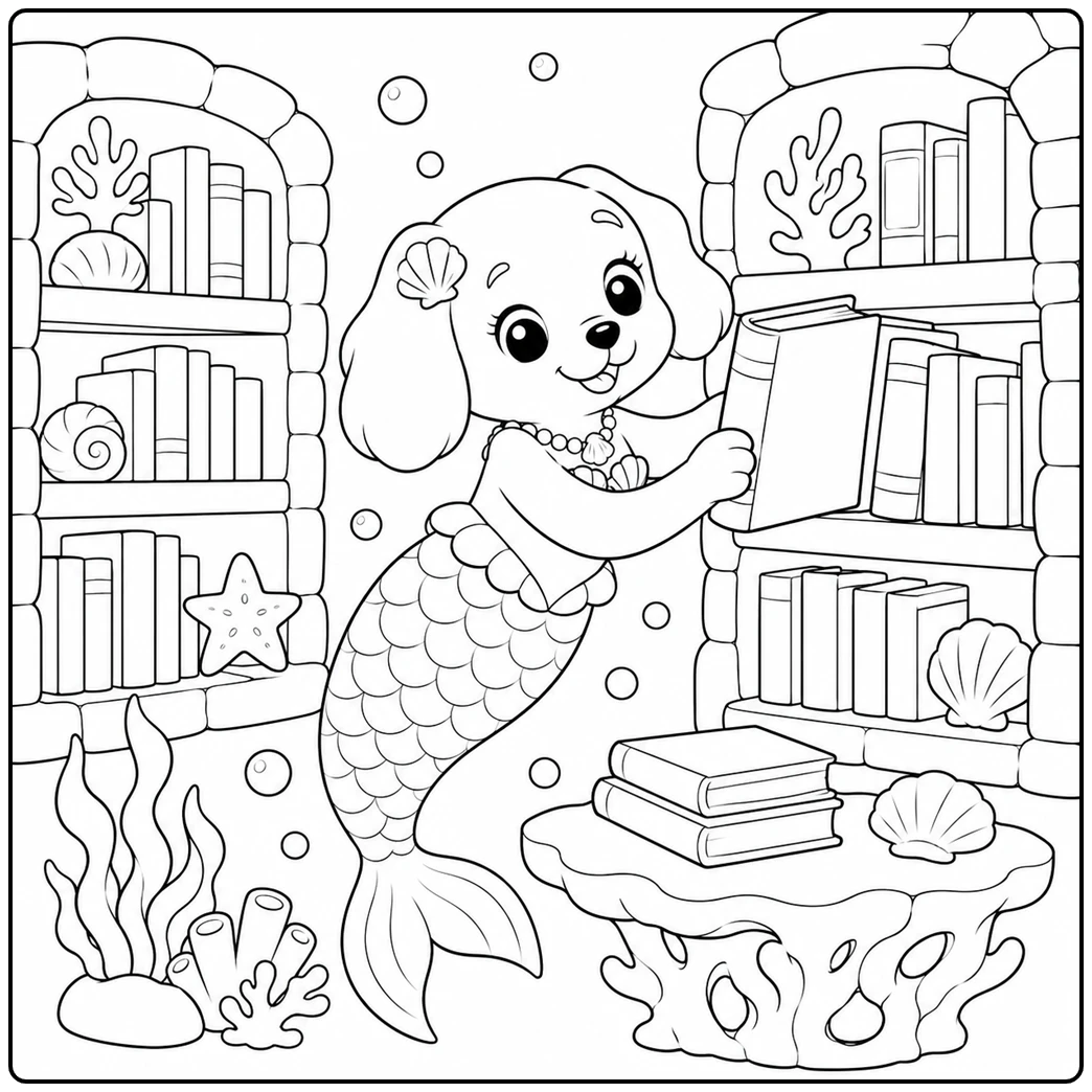Sweet dog mermaid coloring page in an underwater library with bookshelves and shells