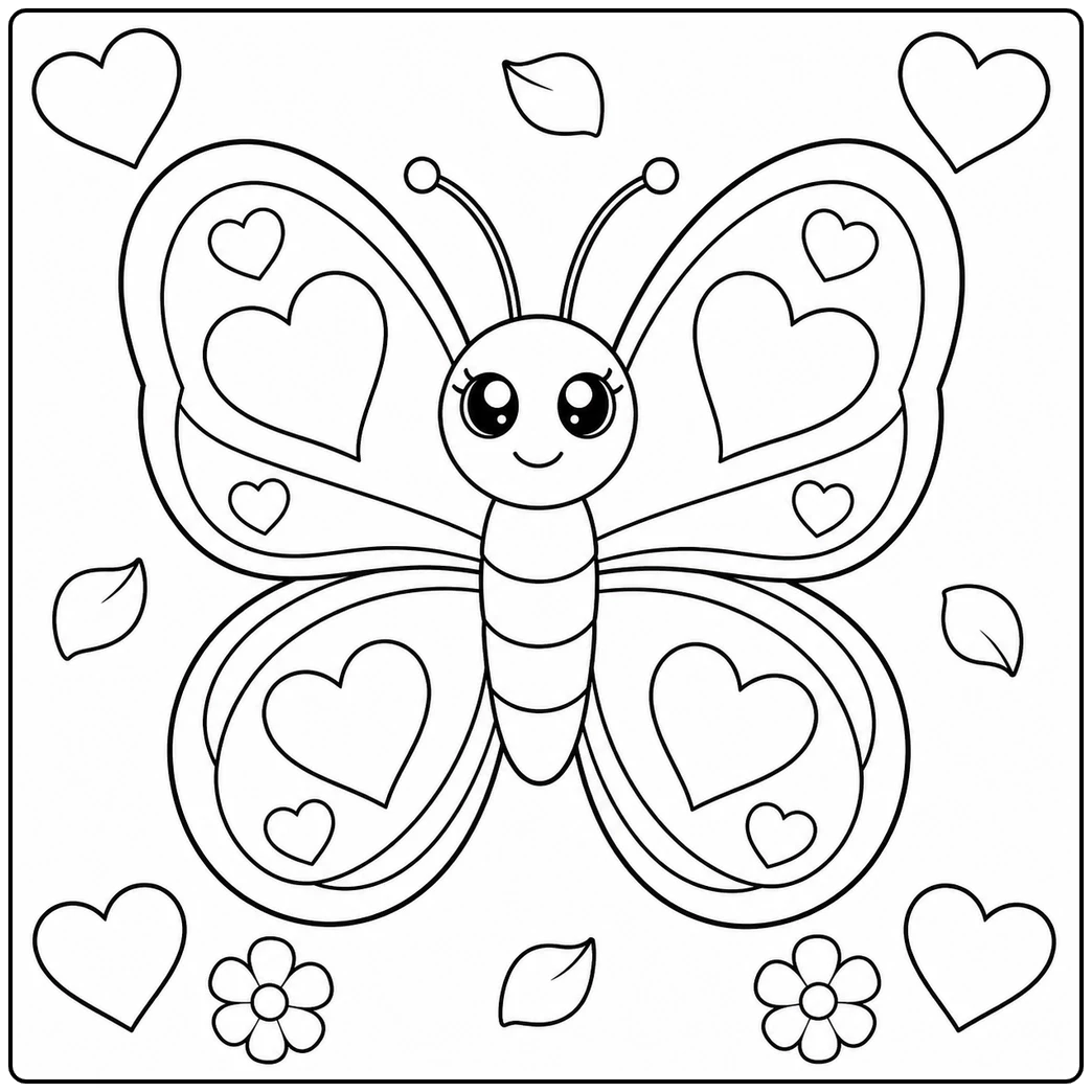Valentine butterfly with heart-patterned wings surrounded by hearts, flowers, and leaves