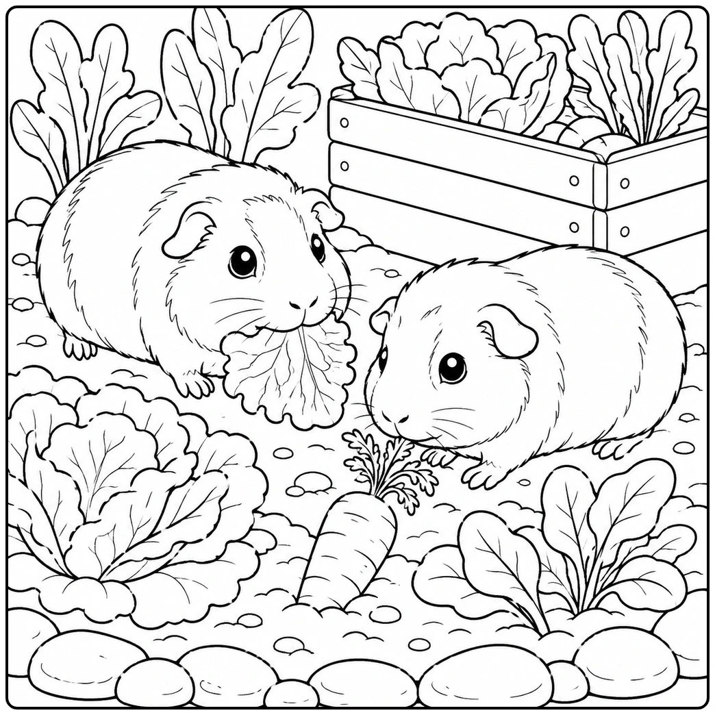 Two guinea pigs exploring a vegetable patch, one eating lettuce while the other sniffs carrot greens