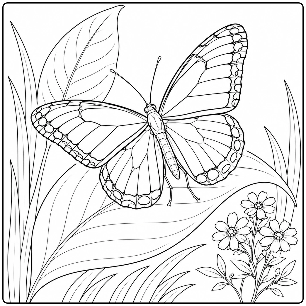 Viceroy butterfly resting across a broad leaf with small wildflowers growing nearby