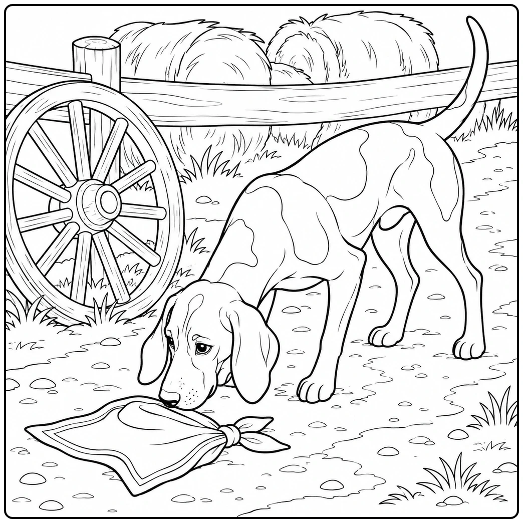 Scenting hound with wagon wheel, fence rail, hay bales, and bandana clue for a coonhound coloring page