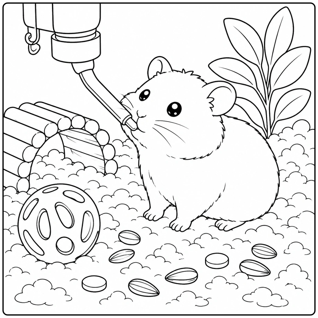 Small hamster drinking from a hanging water bottle beside a tunnel, toy ball, seeds, and plants
