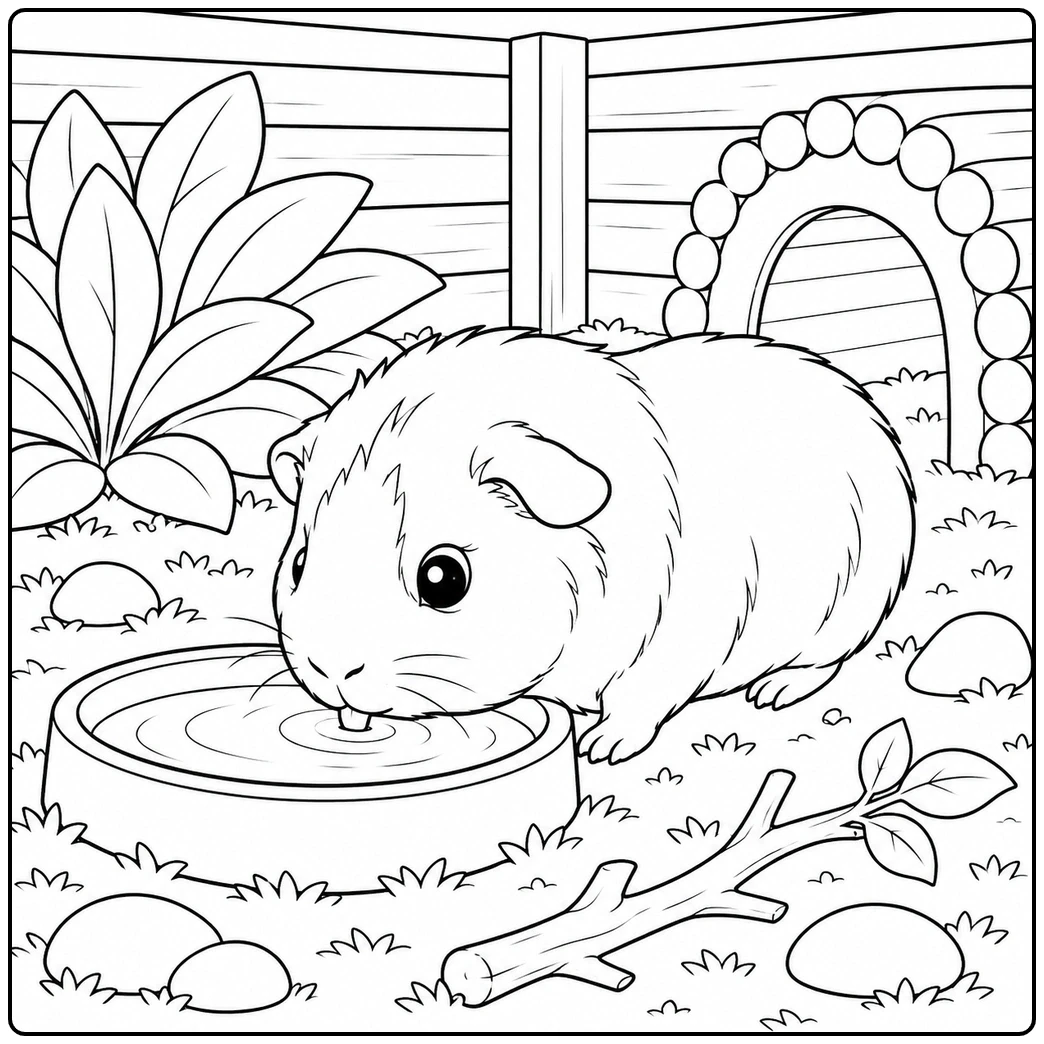 Guinea pig drinking from a shallow bowl in a grassy corner with a branch, stones, and shelter