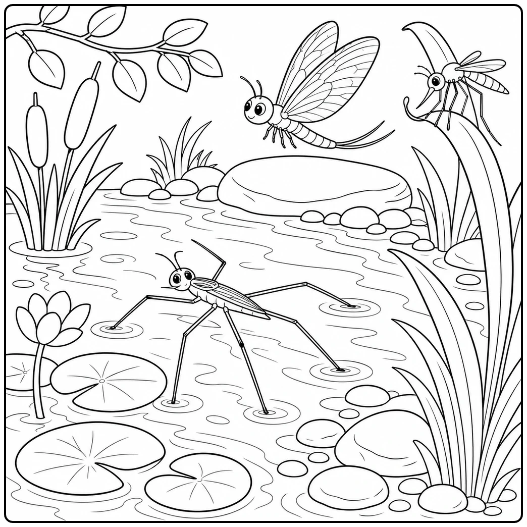 Water strider skims a pond below a hovering mayfly and a mosquito perched on a tall leaf.