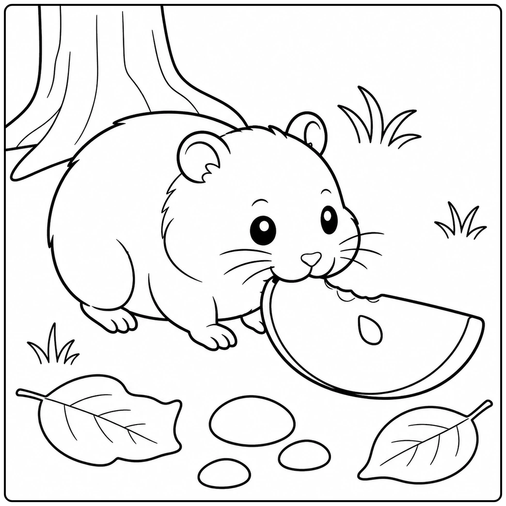 Round hamster nibbles a watermelon slice beneath a tree beside fallen leaves and smooth stones
