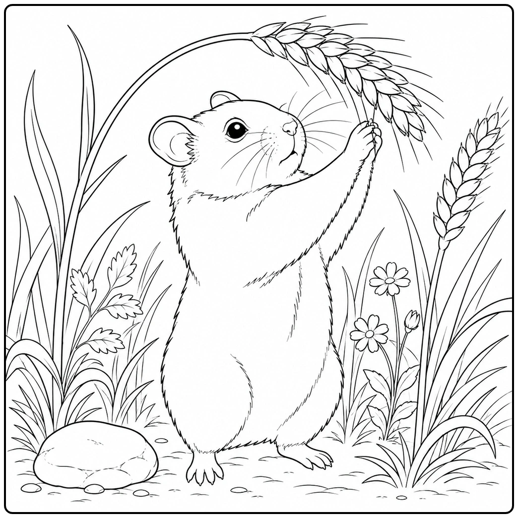 Standing hamster grasps a bent wheat stalk among tall grass, wildflowers, and a smooth stone