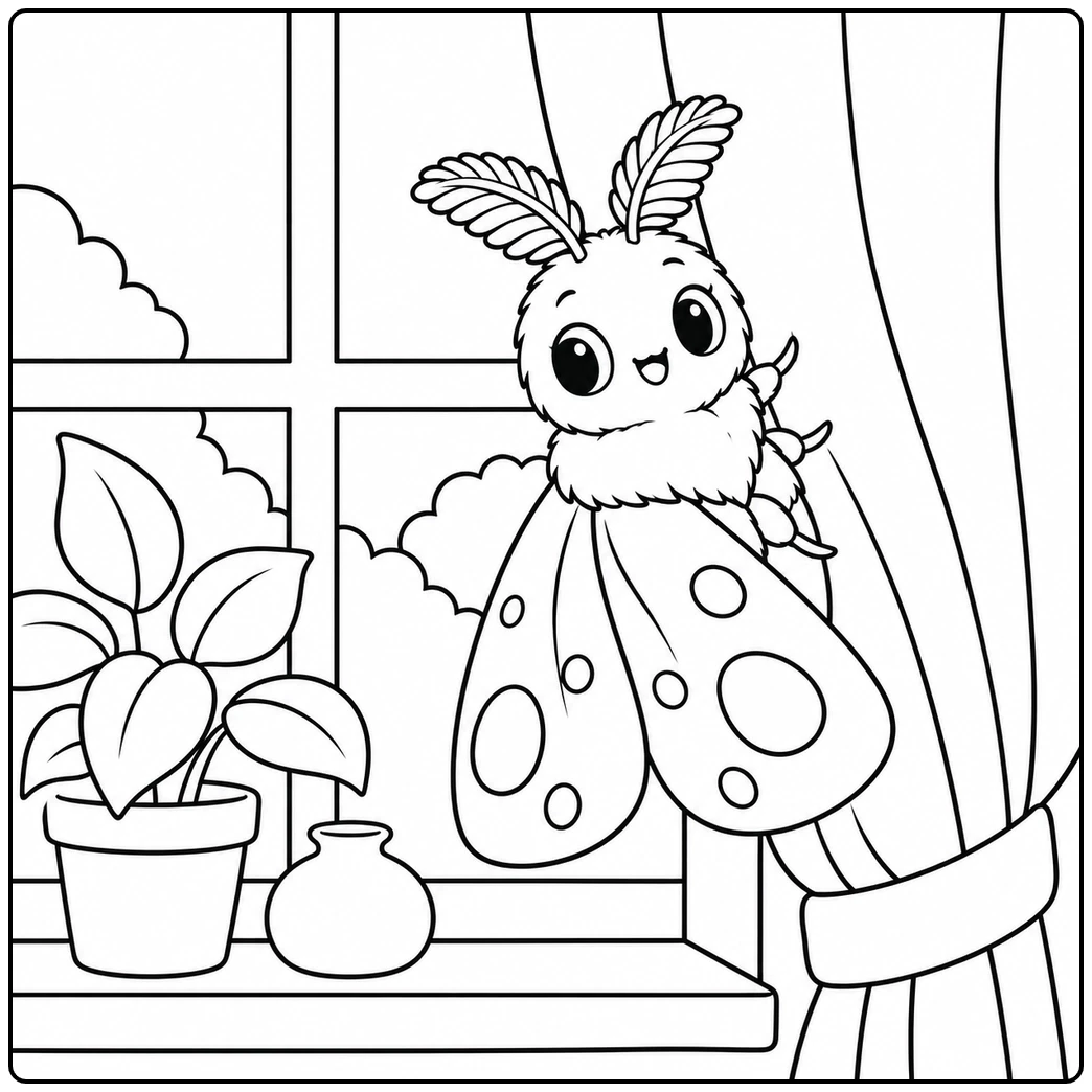 White Ermine moth sits by a cottage curtain with a window and simple potted plants.