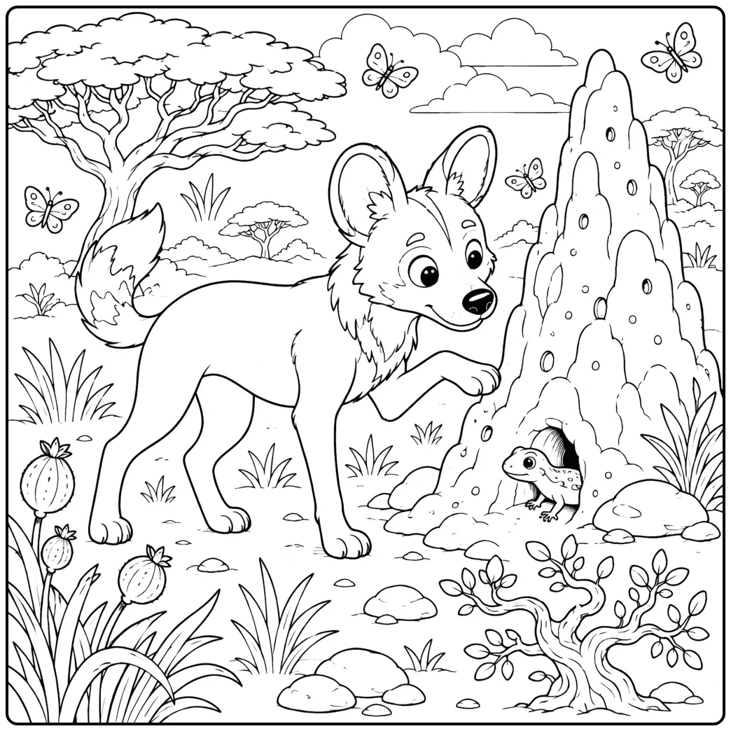 Wild dog coloring page with spotted canine and reptile