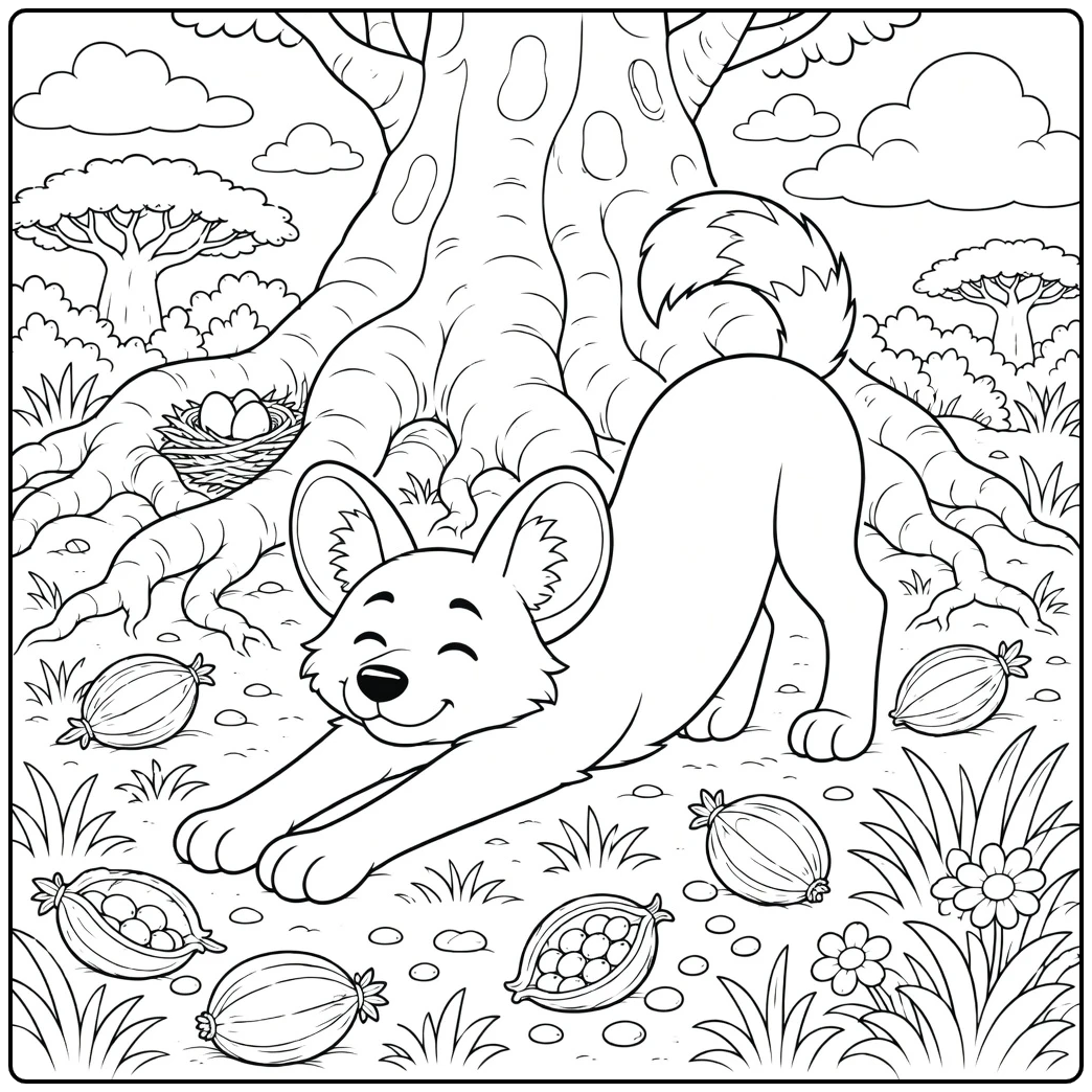 Wild dog coloring page of spotted canine under tree