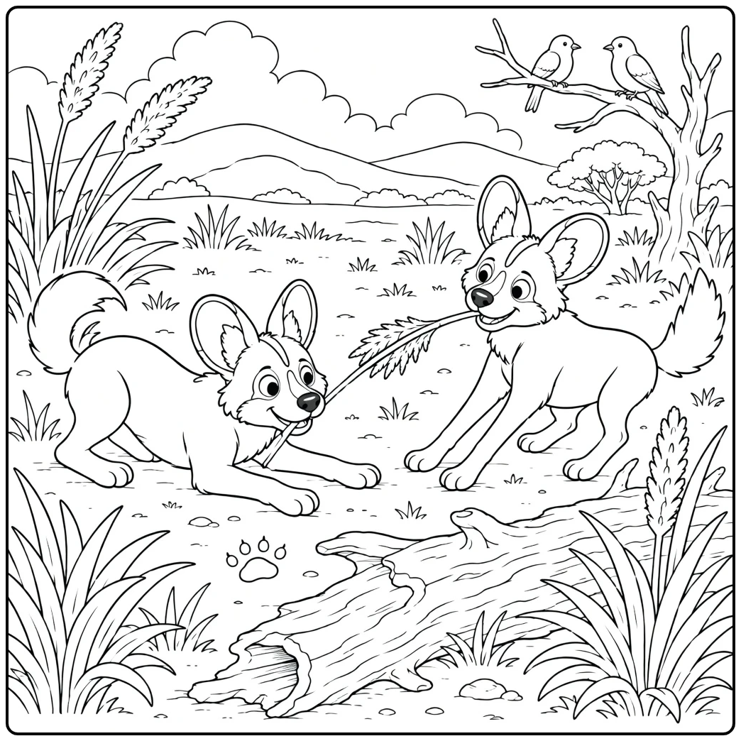 Wild dog coloring page with two canines tugging a branch