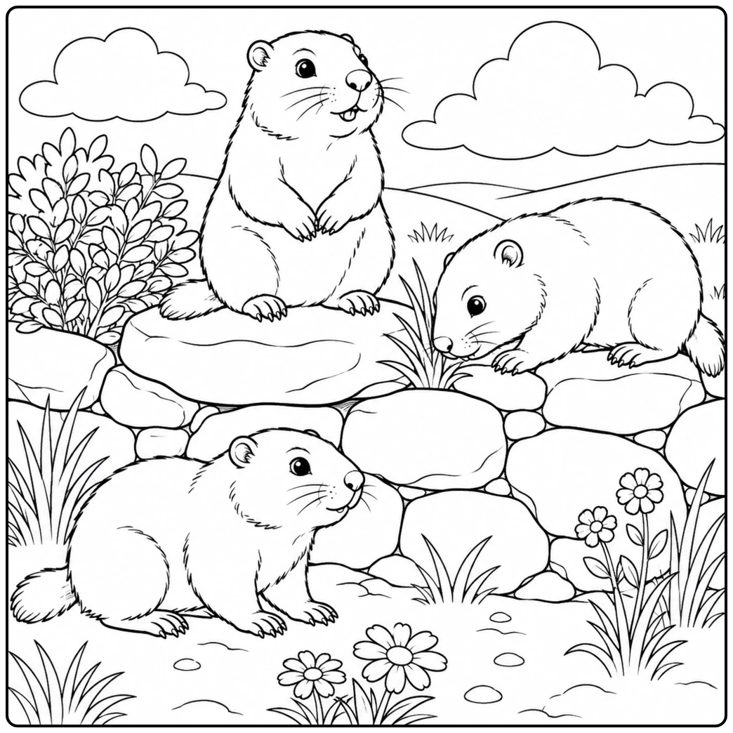 Three groundhogs explore layered rocks and wildflowers, with one standing upright above the other two.