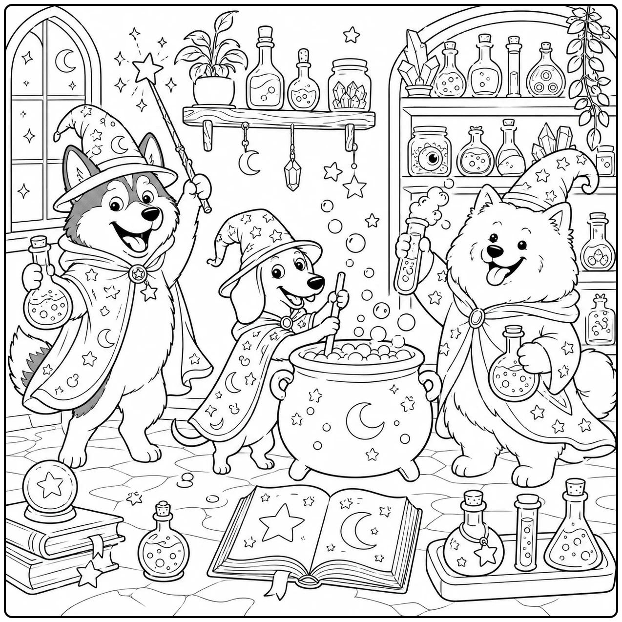 A magic workshop brings together three wizard dogs, a bubbling cauldron, spellbooks, and potion bottles