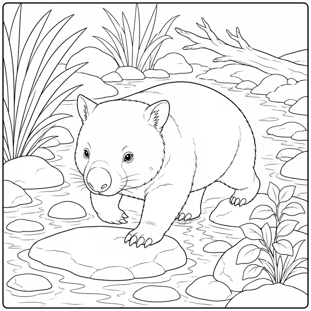 A wombat steps across a shallow rocky stream in this wombat coloring page