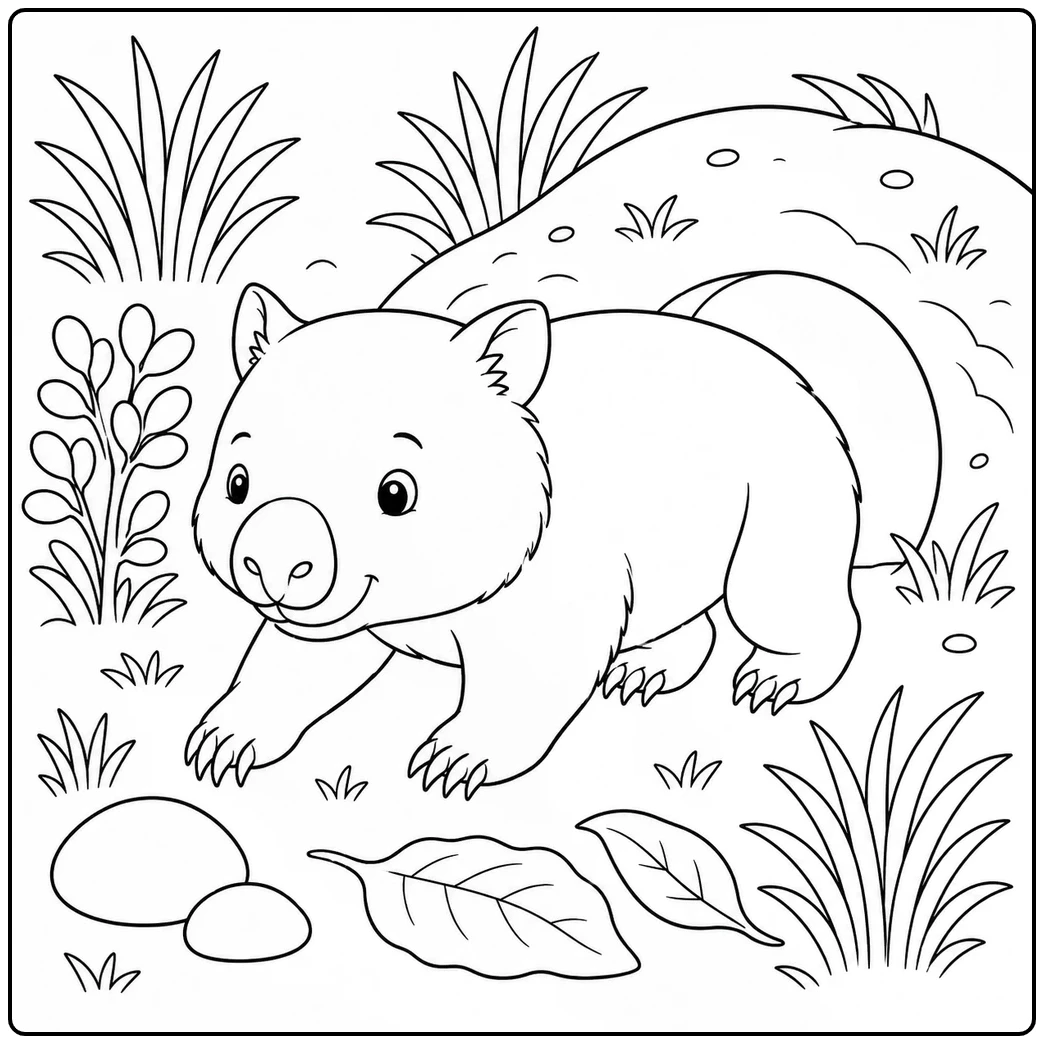 Wombat walks away from a rounded burrow among tall grasses, rocks, and fallen leaves