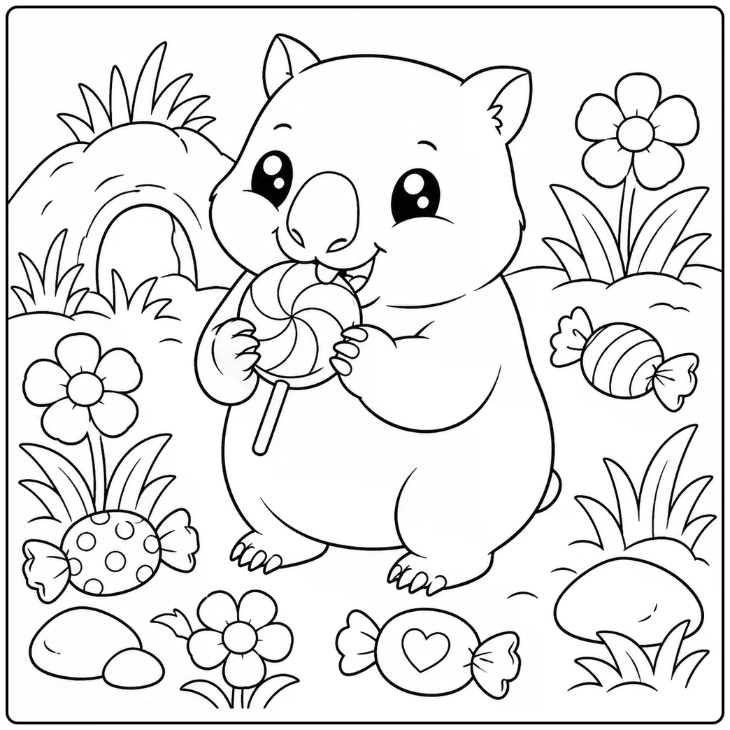 Sweet-loving wombat coloring page with a swirled lollipop and wrapped candies