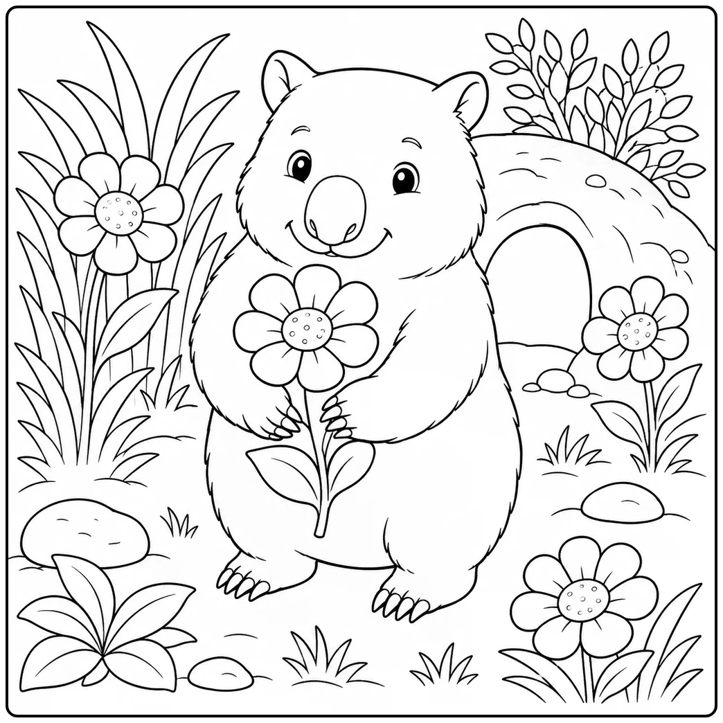 Standing wombat holds a single flower beside a rounded burrow and garden plants