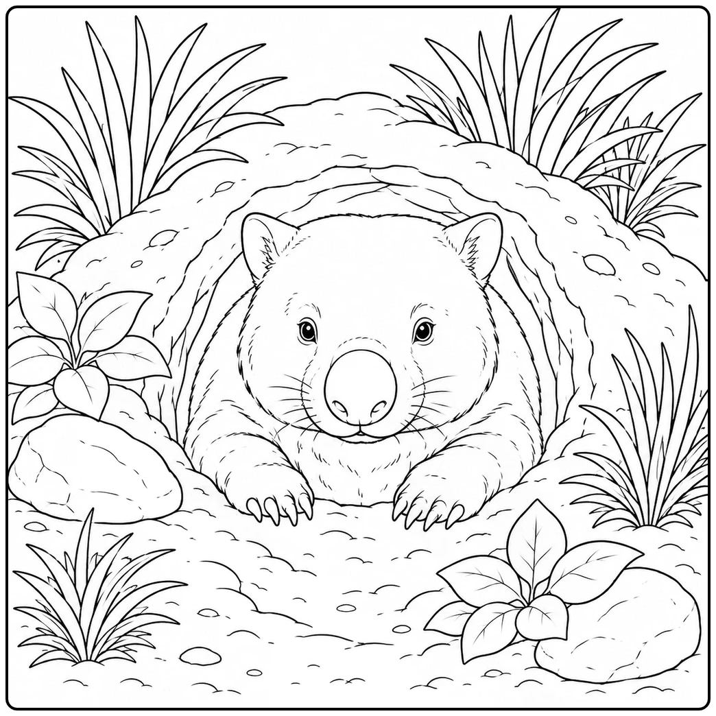 Wombat rests at the entrance of an earthen burrow surrounded by grasses and rocks