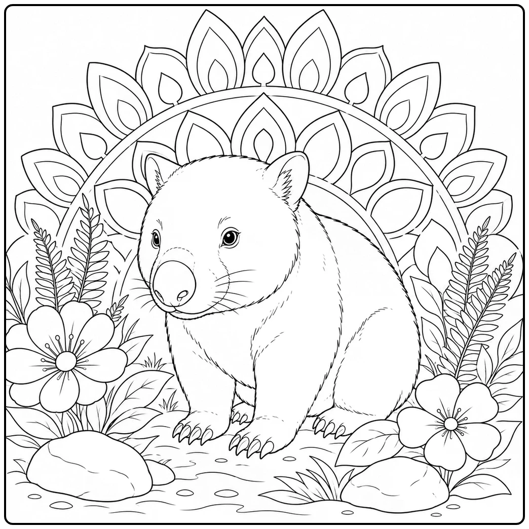 Seated wombat among flowers and ferns in a detailed wombat coloring page