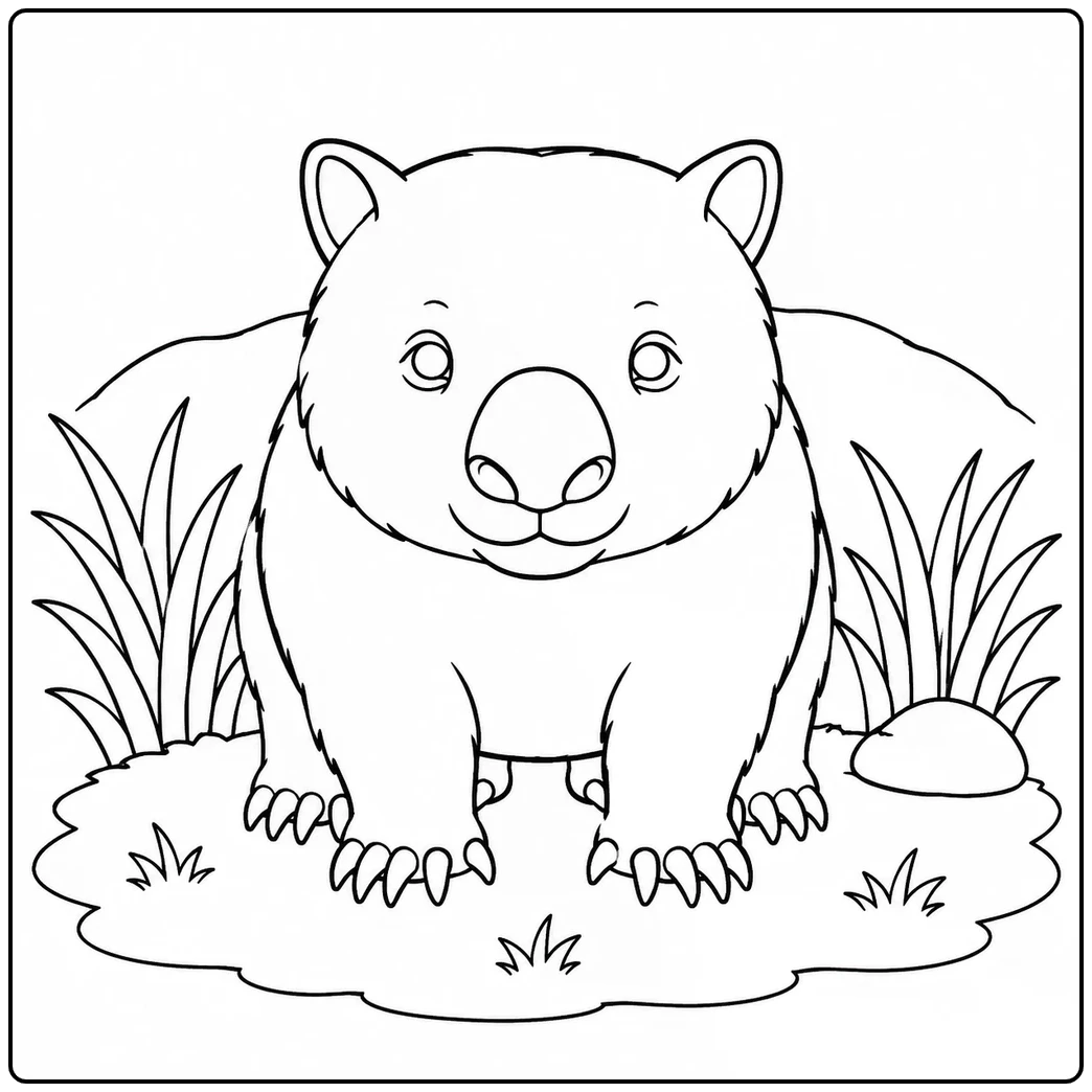 A front-view wombat sits on a grassy patch with rocks in this wombat coloring page