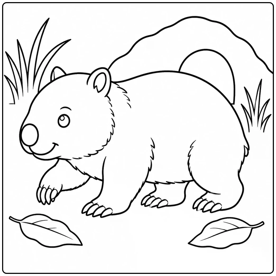 Side-view wombat walking near a burrow, with leaves and grass in a wombat coloring page