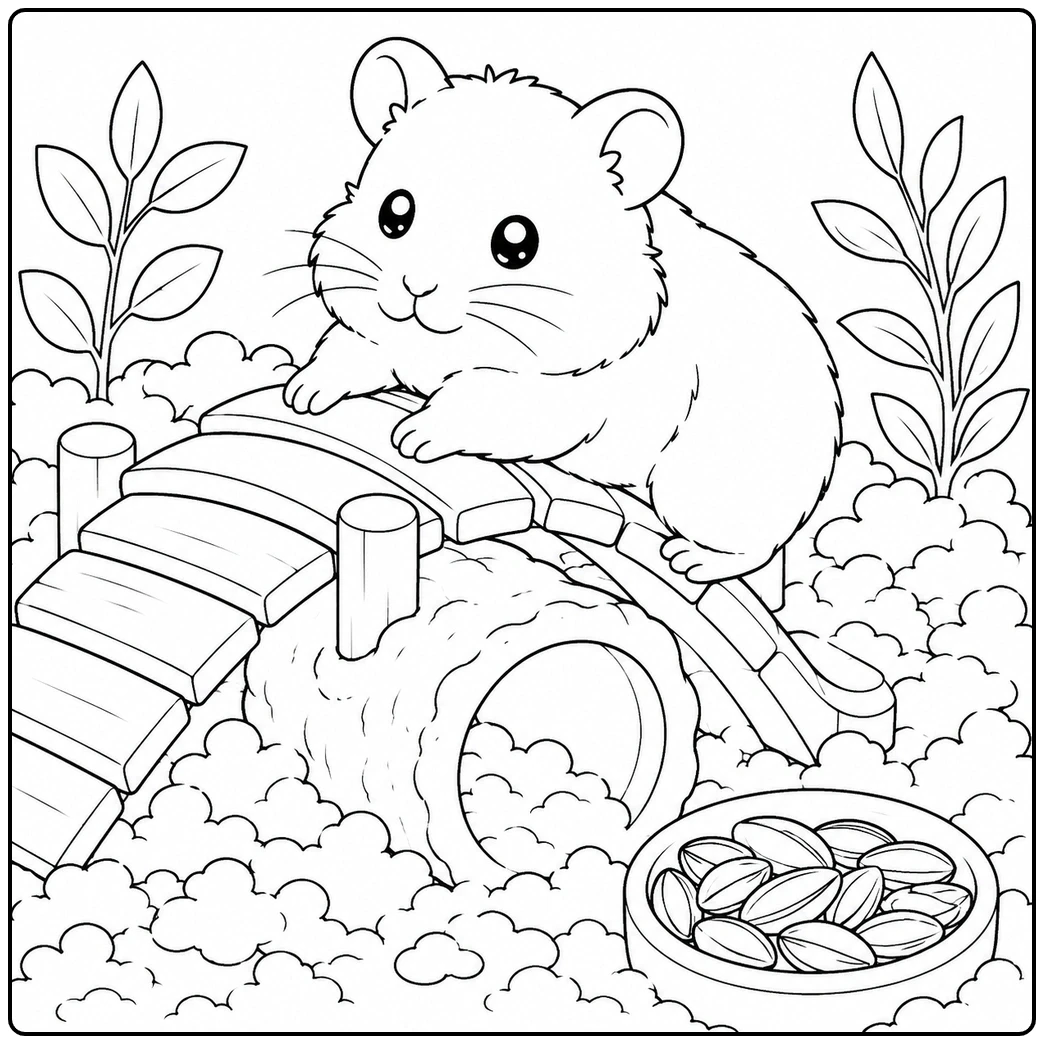 Fluffy pet crossing a wooden bridge in a hamster coloring page with a tunnel and seed bowl below