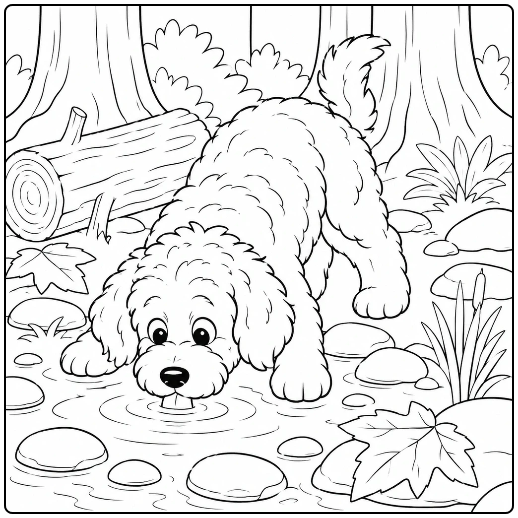 Shaggy Bernedoodle lowering its head to drink from a woodland stream surrounded by smooth stones