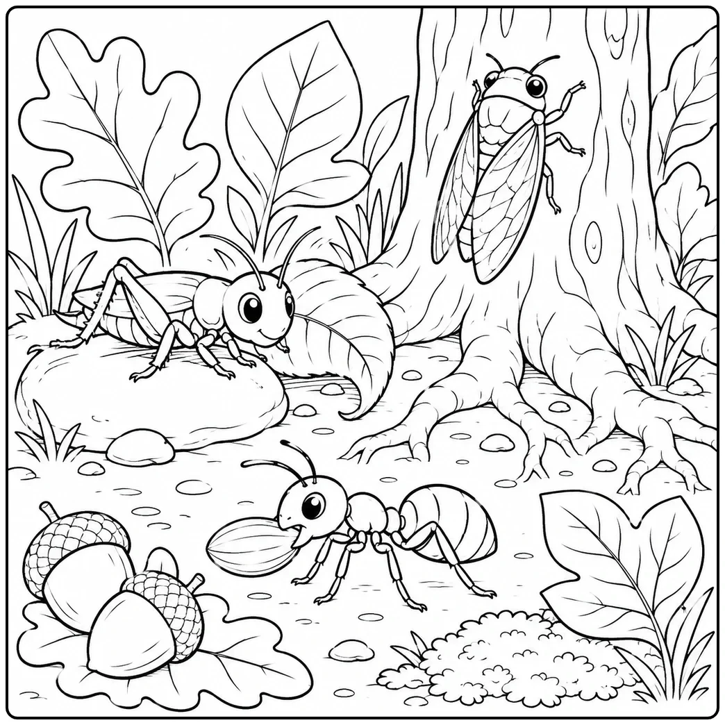 Cricket, cicada, and seed-carrying ant share a woodland insect coloring page beneath a tree.