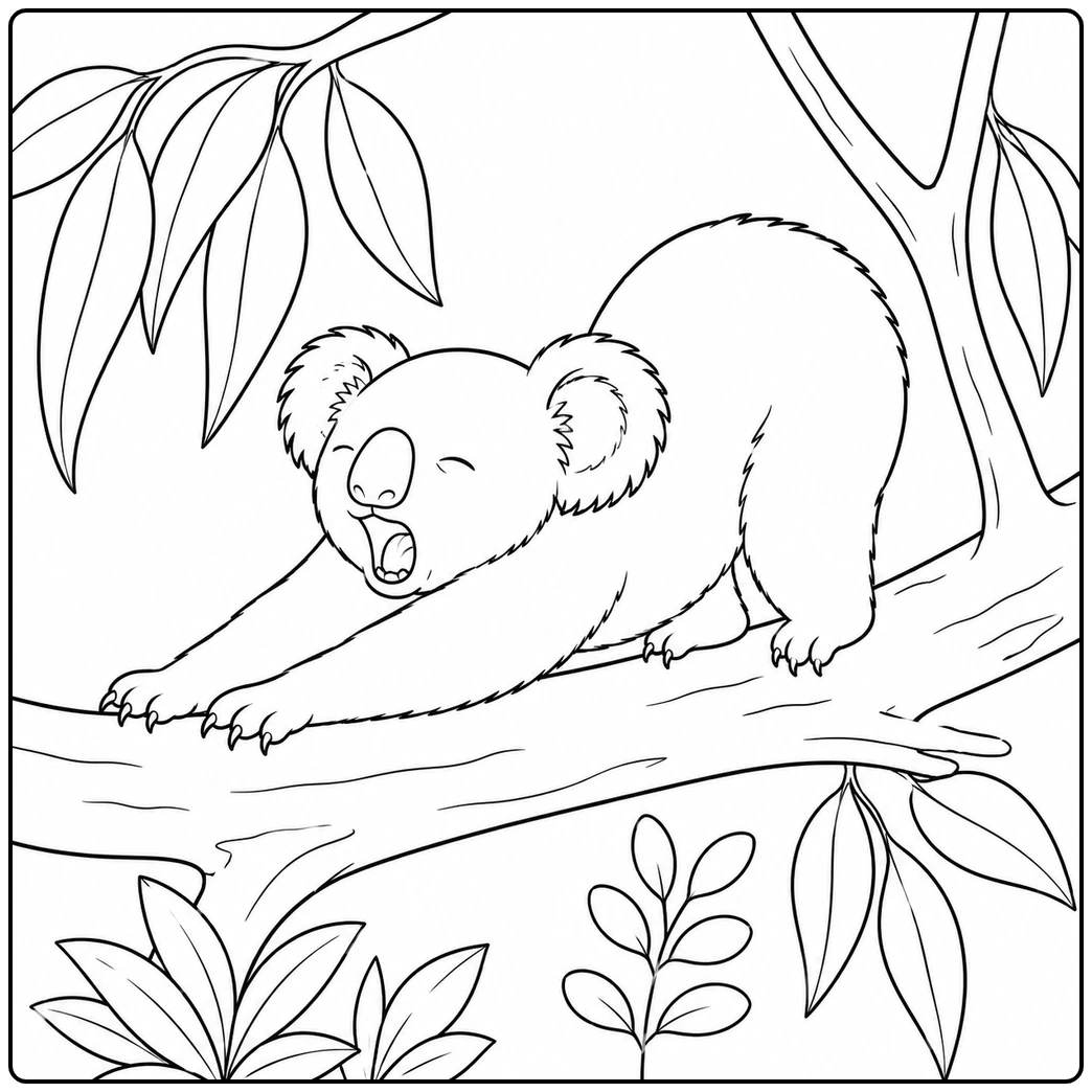 Yawning koala stretches its front paws along a tree branch beneath hanging leaves