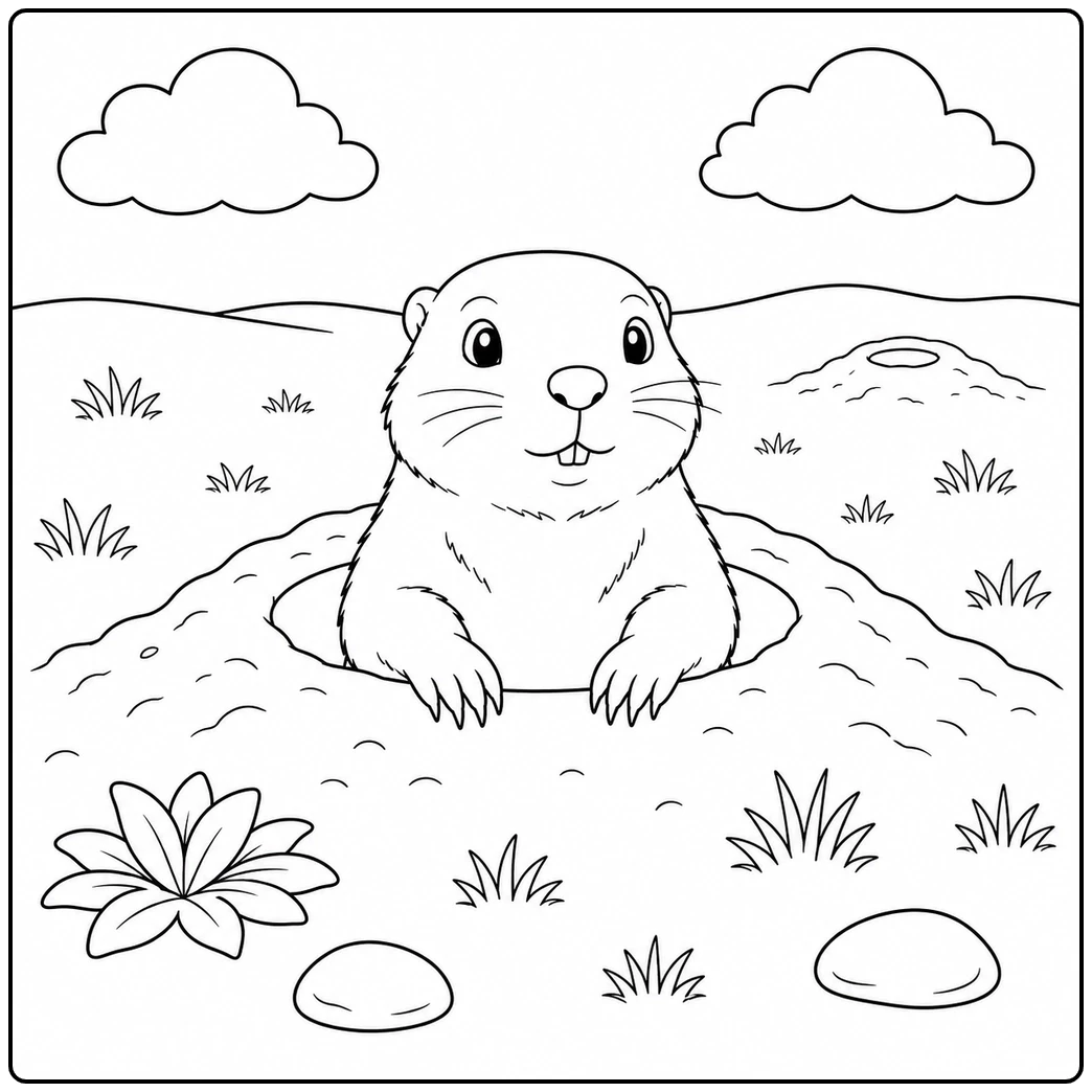 Young prairie dog peeking from a burrow on an open grassy plain with clouds and rocks