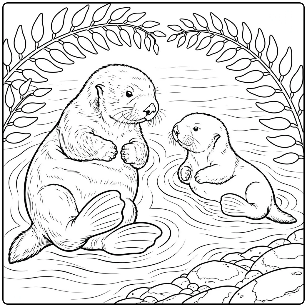 An adult sea otter and a young otter drift near a rocky shore beneath arching kelp.