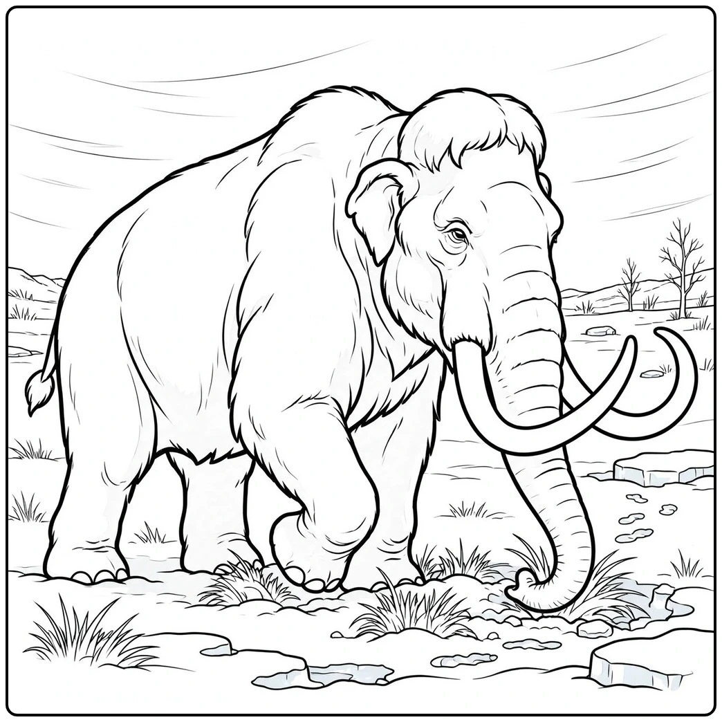 Adult mammoth lowers its trunk to forage among frozen grass on an open plain.
