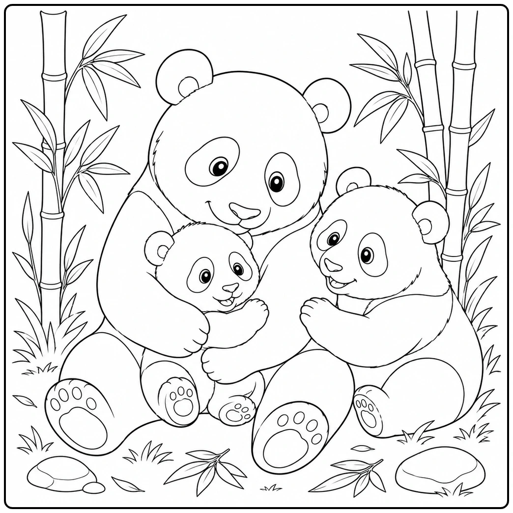Adult bear cuddling a small cub while another baby sits nearby in the bamboo forest.