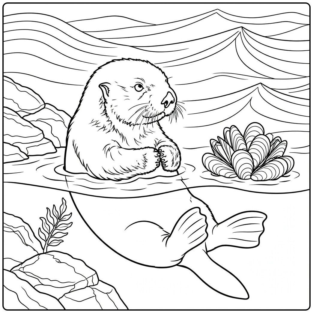 An adult sea otter surfaces beside a cluster of mussels near a rocky shoreline.