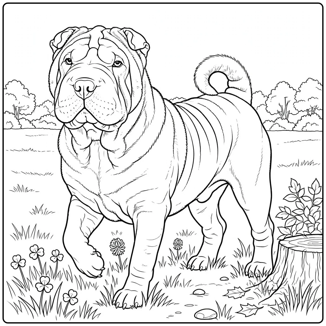 Adult Shar Pei stands confidently in a meadow with flowers, grass, and a tree stump.