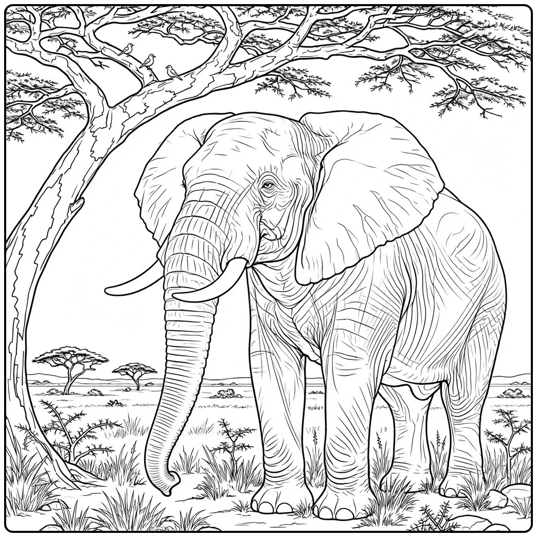 African elephant coloring page featuring a tusked elephant beneath an acacia tree