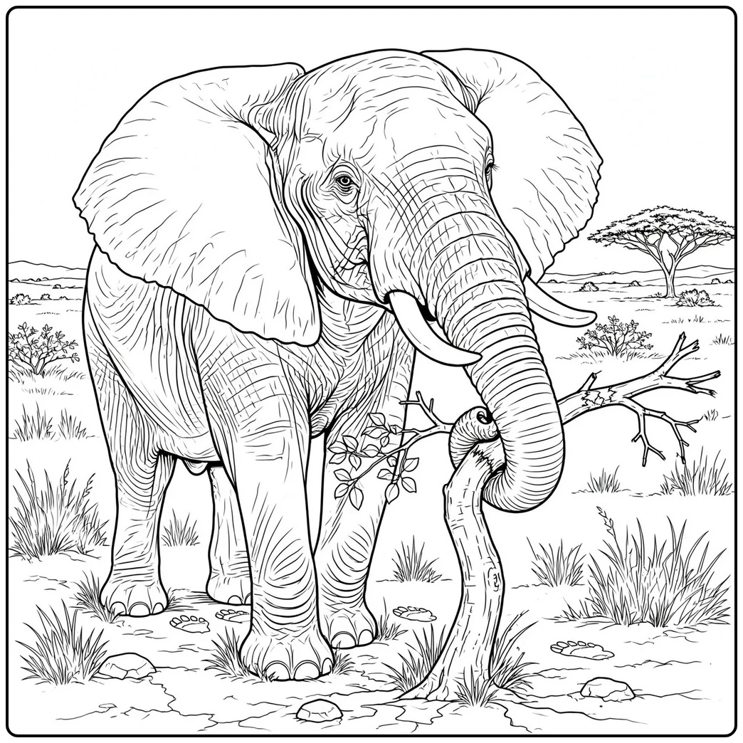 African elephant coloring page with an adult pulling a dry branch across the savanna
