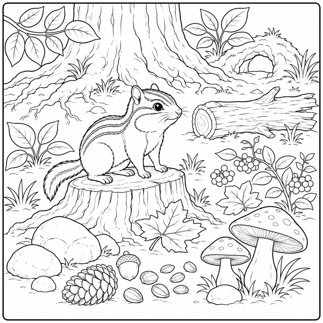 Alert chipmunk perched on a tree stump amid mushrooms, leaves, rocks, and woodland plants