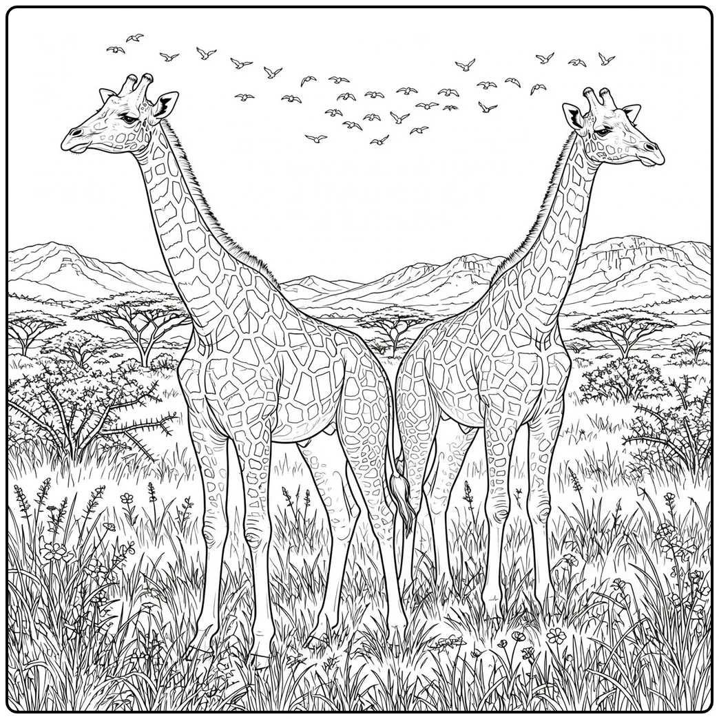 Two alert giraffes stand in tall savanna grass while a flock of birds passes overhead